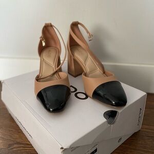 Aldo Black and Tan Block Heel Pumps